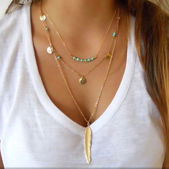 Multi-Layered Necklace NWT Boho Feather Bohemian - Picture 2 of 7